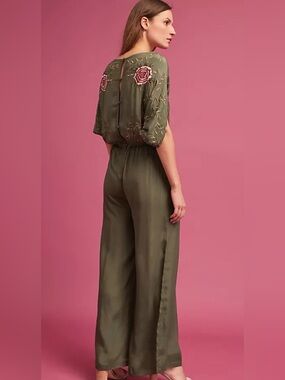 Anthropologie Olive Embroidered Wide-Leg Jumpsuit